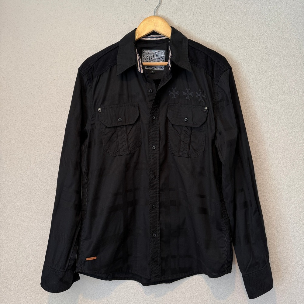 Affliction Mens Black Tonal Plaid Embroidered Live Fast Button Down Shirt L